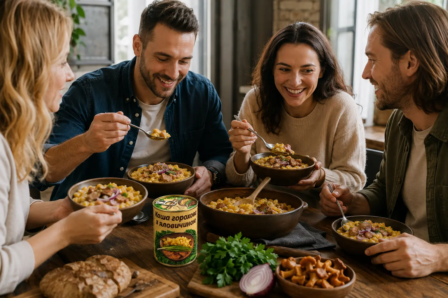 Друзі їдять горохову кашу L’appetit з грибами за столом