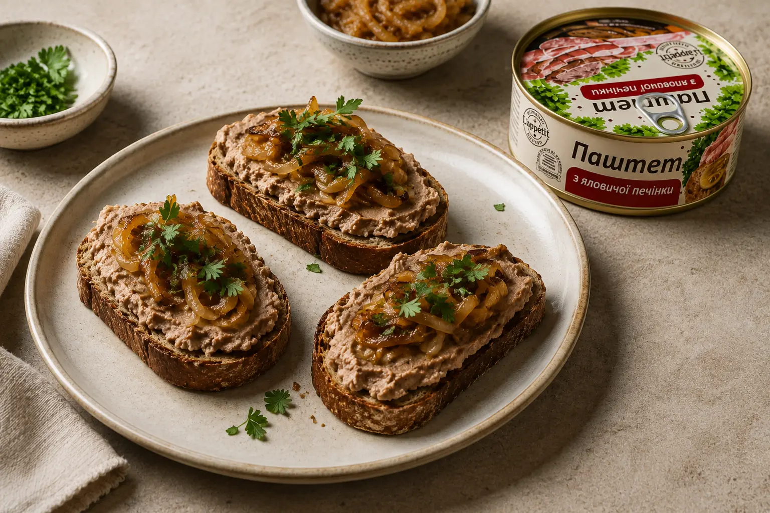 Хрусткі грінки з паштетом L’appetit та карамелізованою цибулею