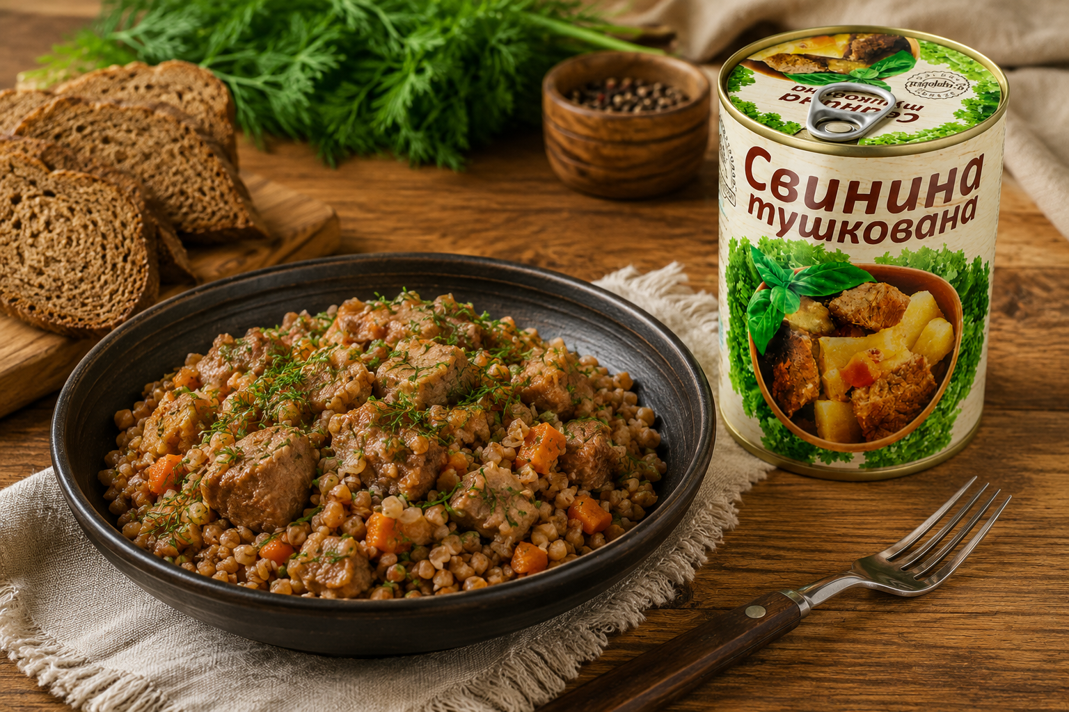 Готова гречка з тушонкою зі свинини L’appetit
