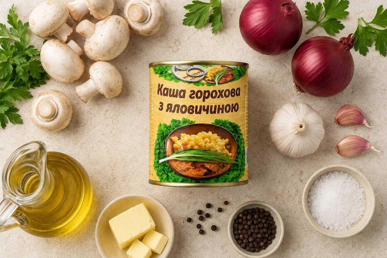 Інгредієнти для горохової каші L’appetit з грибами та цибулею