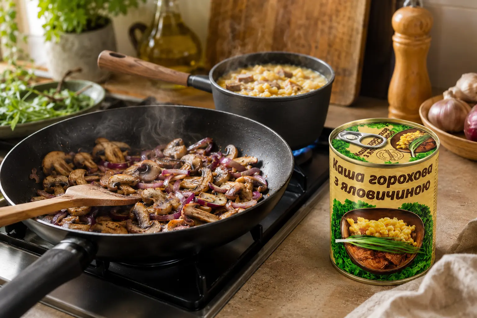 Приготування горохової каші L’appetit з печерицями та цибулею