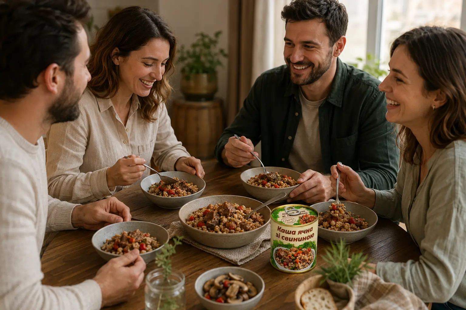 Друзі їдять ячну кашу L’appetit зі свининою за столом